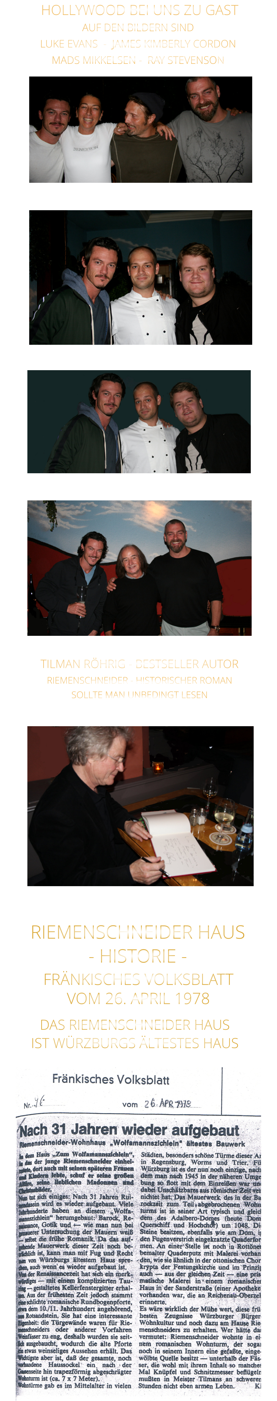 FRÄNKISCHES VOLKSBLATT VOM 26. APRIL 1978 RIEMENSCHNEIDER HAUS - HISTORIE -  DAS RIEMENSCHNEIDER HAUS IST WÜRZBURGS ÄLTESTES HAUS HOLLYWOOD BEI UNS ZU GAST TILMAN RÖHRIG - BESTSELLER AUTOR RIEMENSCHNEIDER - HISTORISCHER ROMAN SOLLTE MAN UNBEDINGT LESEN AUF DEN BILDERN SIND LUKE EVANS  -  JAMES KIMBERLY CORDON   MADS MIKKELSEN -  RAY STEVENSON