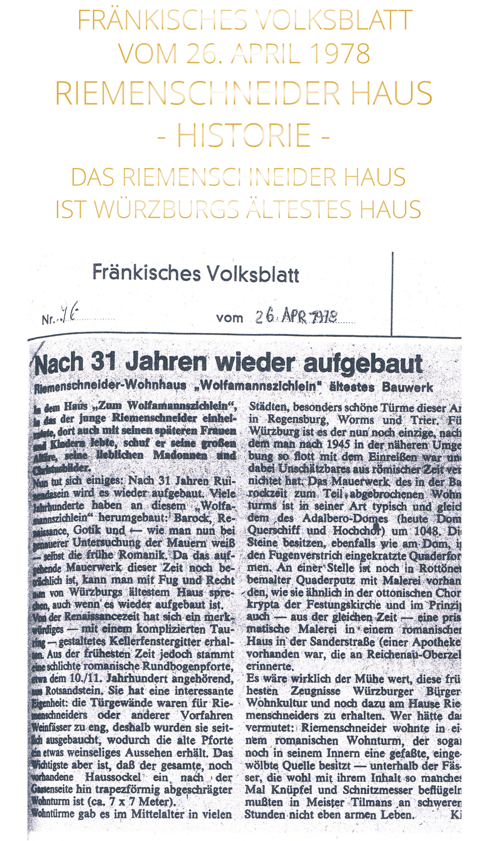 FRÄNKISCHES VOLKSBLATT VOM 26. APRIL 1978 RIEMENSCHNEIDER HAUS - HISTORIE -  DAS RIEMENSCHNEIDER HAUS IST WÜRZBURGS ÄLTESTES HAUS